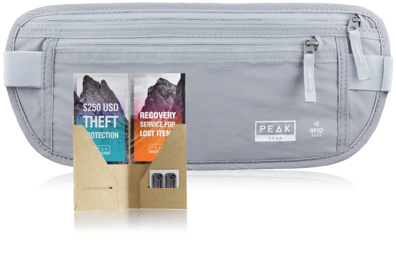 Peak Gear حزام المال للسفر من بيك جير. محفظة سفر عالية الجودة مع قماش مانع لتسرب RFID لحماية بطاقات الائتمان، جوازات السفر والمستندات. حماية حصرية من السرقة و2 علامة استرداد | رمادي - Image 1