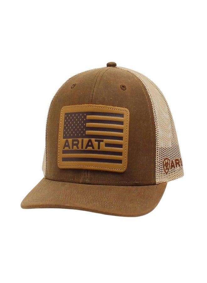 ARIAT Men's Oilskin Richardson 112 Cap with USA Flag Leather Patch, Mesh Back, Snap Closure, Cotton-Poly Blend