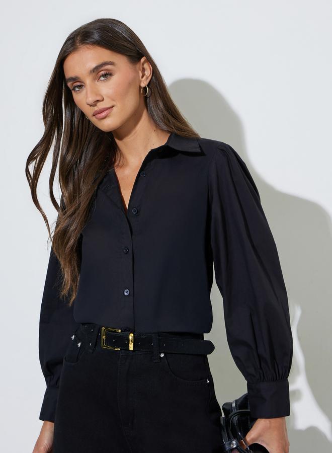 Styli Black Solid Puff Long Sleeves Regular Fit Shirt - Image 1