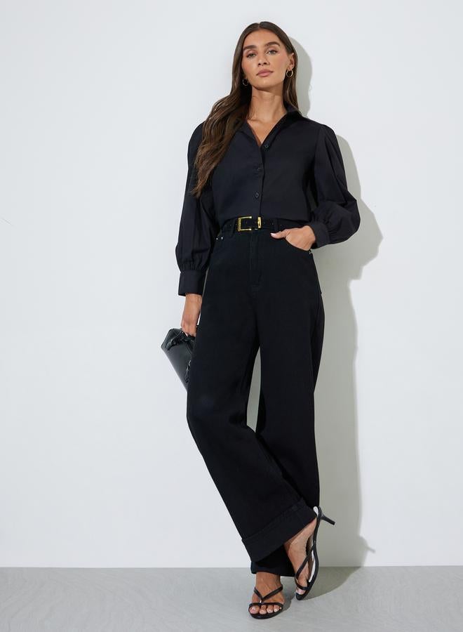 Styli Black Solid Puff Long Sleeves Regular Fit Shirt - Image 2
