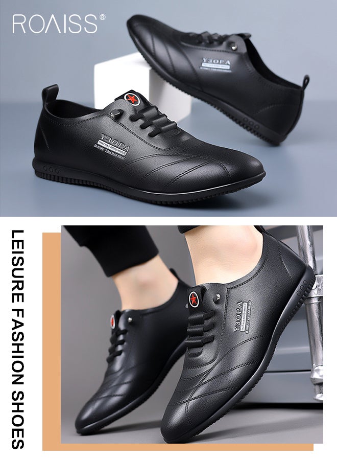 roaiss Soft Sole Casual Leather Shoes for Men Letter Pattern Round Toe Low Top Front Lace up Business Shoes Mens Breathable Comfort Wear Resistant Anti Slip Business Outdoor Walking Shoes Driving Shoes Black - Image 4