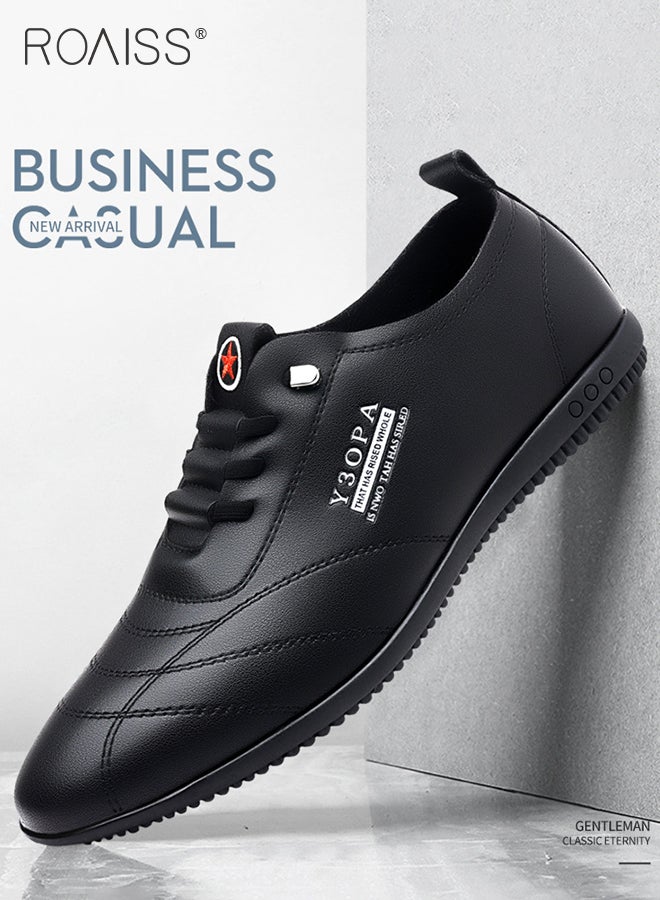 roaiss Soft Sole Casual Leather Shoes for Men Letter Pattern Round Toe Low Top Front Lace up Business Shoes Mens Breathable Comfort Wear Resistant Anti Slip Business Outdoor Walking Shoes Driving Shoes Black - Image 2