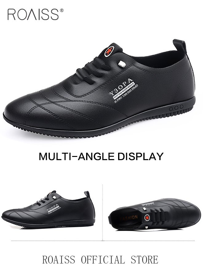 roaiss Soft Sole Casual Leather Shoes for Men Letter Pattern Round Toe Low Top Front Lace up Business Shoes Mens Breathable Comfort Wear Resistant Anti Slip Business Outdoor Walking Shoes Driving Shoes Black - Image 3