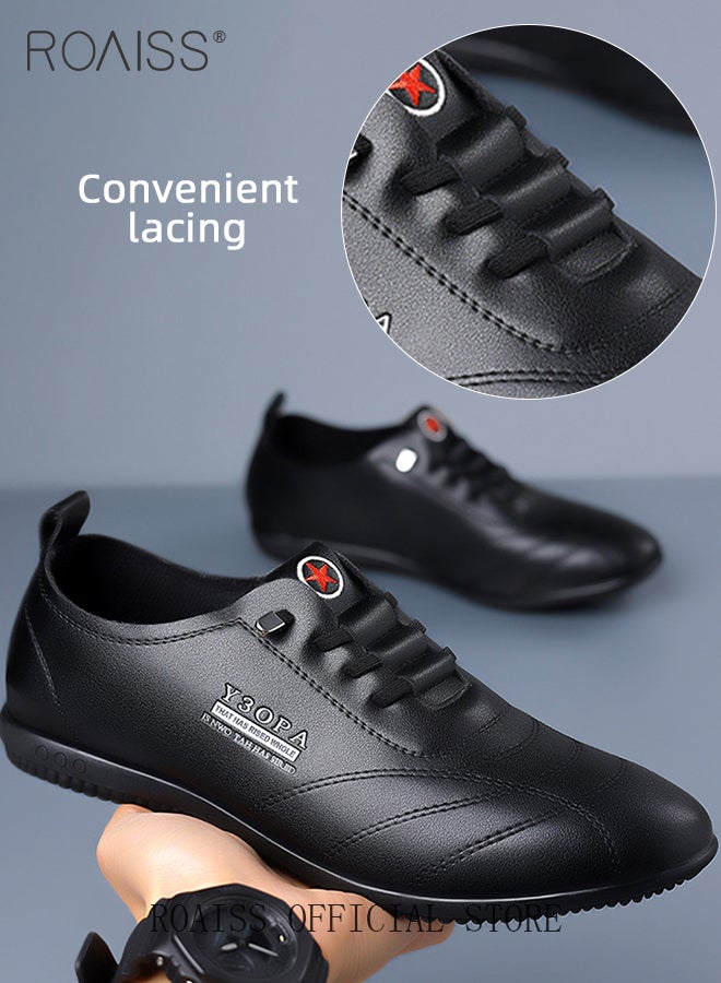 roaiss Soft Sole Casual Leather Shoes for Men Letter Pattern Round Toe Low Top Front Lace up Business Shoes Mens Breathable Comfort Wear Resistant Anti Slip Business Outdoor Walking Shoes Driving Shoes Black - Image 5