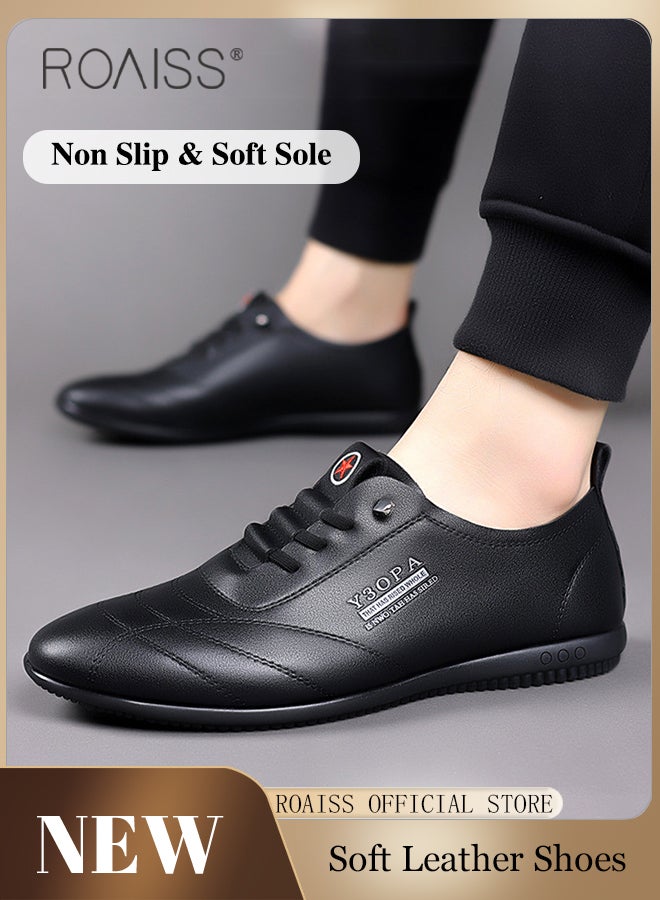 roaiss Soft Sole Casual Leather Shoes for Men Letter Pattern Round Toe Low Top Front Lace up Business Shoes Mens Breathable Comfort Wear Resistant Anti Slip Business Outdoor Walking Shoes Driving Shoes Black - Image 1