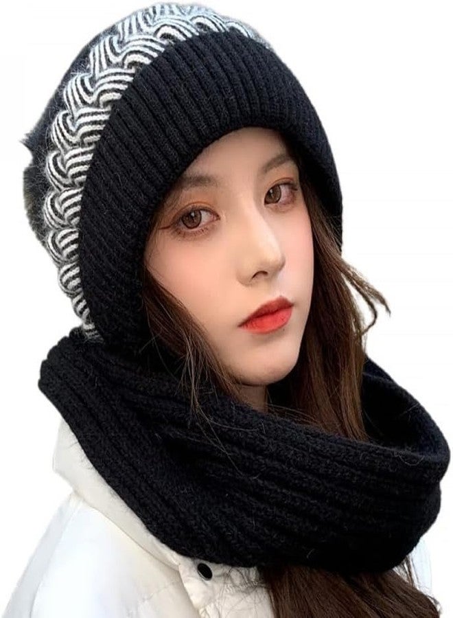 NIUE One-Piece Hat and Bib Cap, Ladies Hat, Female Korean Version Plus Velvet Warm Woolen Cap, Knitted Hooded Scarf with Ear Protection Black - Image 1