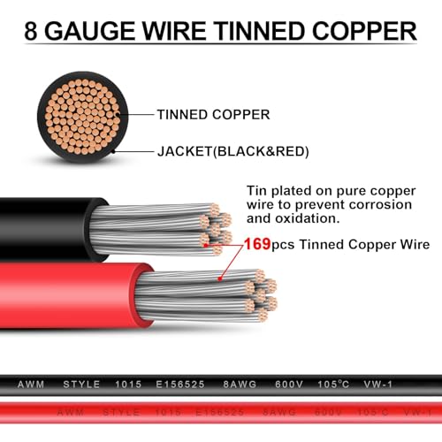 iGreely Battery Cable - iGreely 8 AWG 8 Gauge Wire Made with Tinned Copper Wire Battery Power Inverter Cables with Terminals for Solar Panel Trolling Motor Automotive Motorcycle RV Marine Boat 2ft/60cm - Image 2