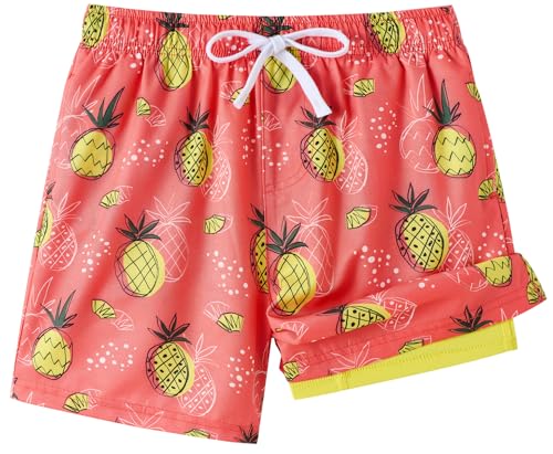 UMELOK Boys Swim Trunks Swimsuit Compression Liner Stretch Swim Shorts Boxer Brief 2 in 1 Quick Dry Swimming Trunks Beach Shorts Orange Pineapple 7 - Image 1