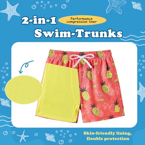 UMELOK Boys Swim Trunks Swimsuit Compression Liner Stretch Swim Shorts Boxer Brief 2 in 1 Quick Dry Swimming Trunks Beach Shorts Orange Pineapple 7 - Image 3