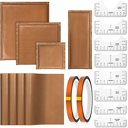 Tatuo 18 Pcs Heat Press Pillow Mat Kit 4 Size Pressing Transfer Pillows 4 PTFE Transfer Sheet 2 Heat Resistant Tape and 8 Size T Shirt Ruler Guide for DIY Screen Printing Sublimation ProjectBrown - Image 1