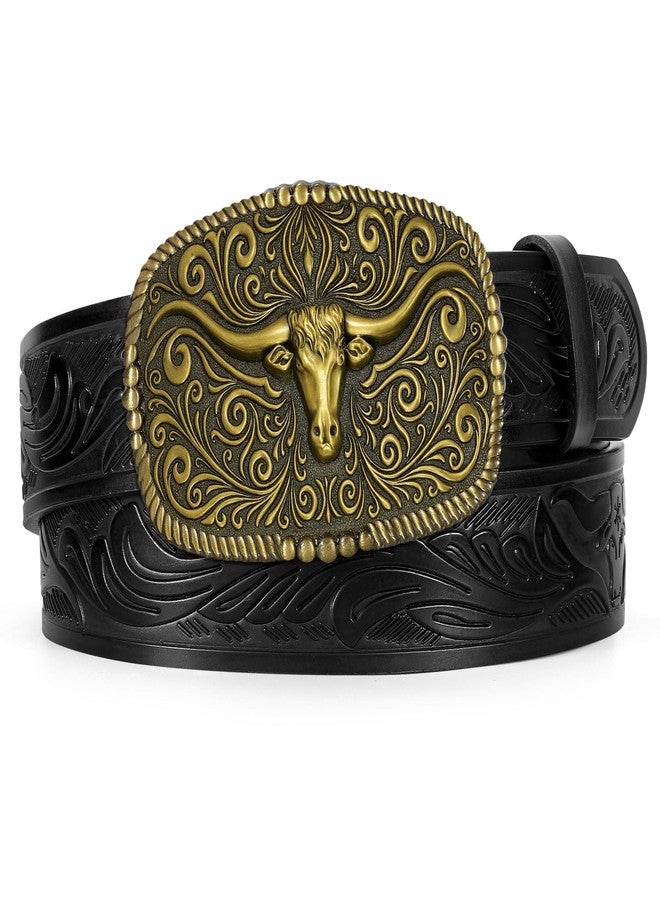 TRIWORKS Western Belt for Men Women Cowboy Engraved Belt Western Buckle Embossed Leather Belt - Image 3