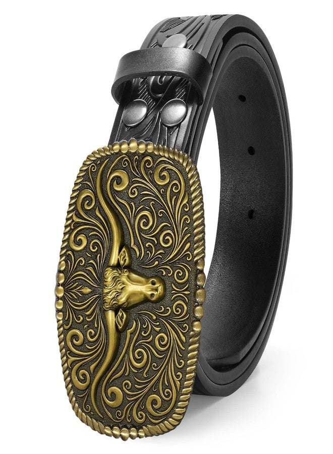 TRIWORKS Western Belt for Men Women Cowboy Engraved Belt Western Buckle Embossed Leather Belt - Image 1