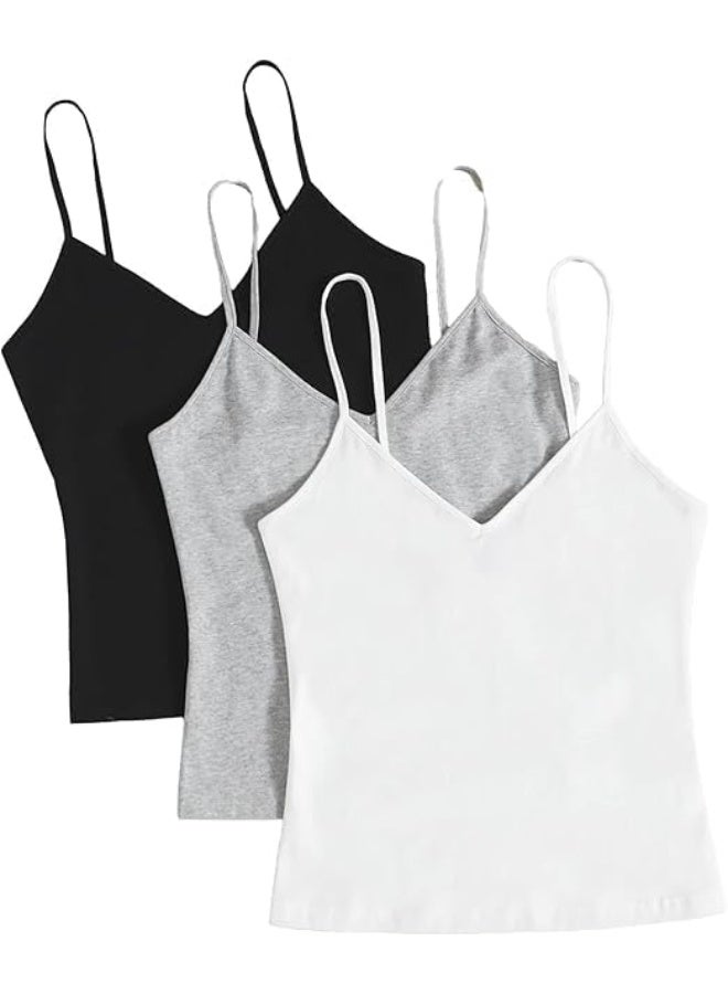 Hanady Women's Solid Spaghetti Strap V-Neck 3-Piece Multicolor Top Set Comfortable for Daily Wear  - Image 3
