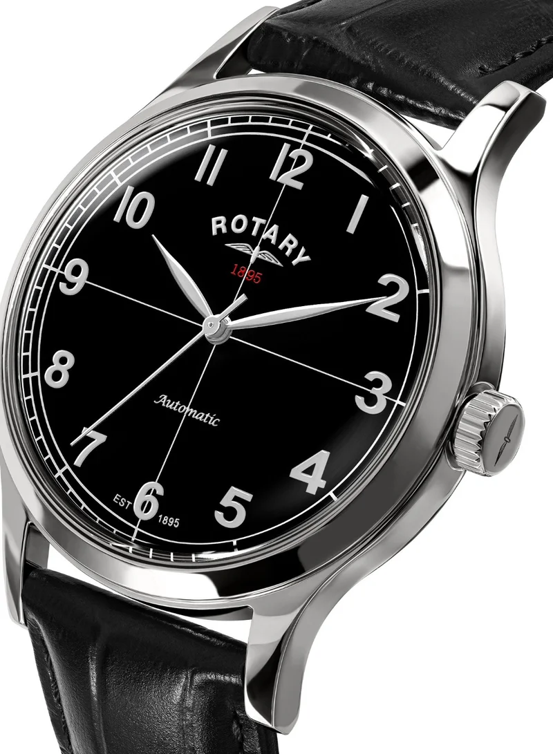 Rotary Men's 1895 Automatic Watch, 40 mm, Black Dial, Black Leather Strap
