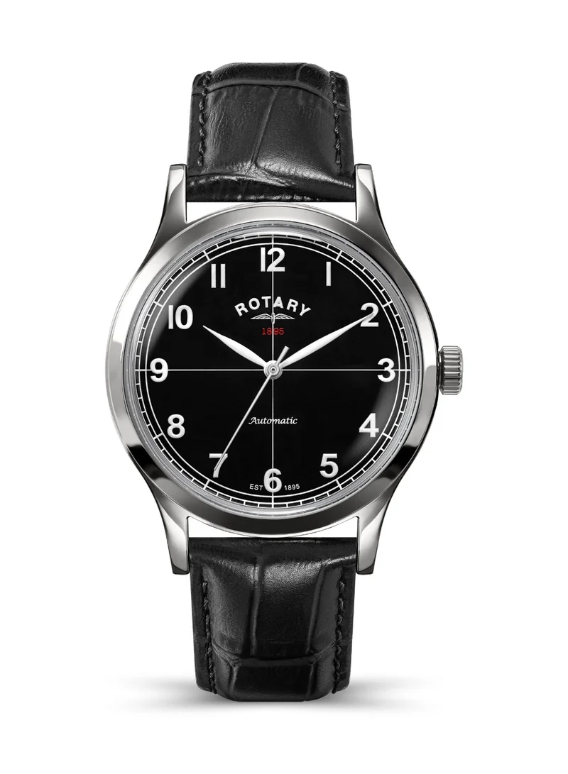 Rotary Men's 1895 Automatic Watch, 40 mm, Black Dial, Black Leather Strap