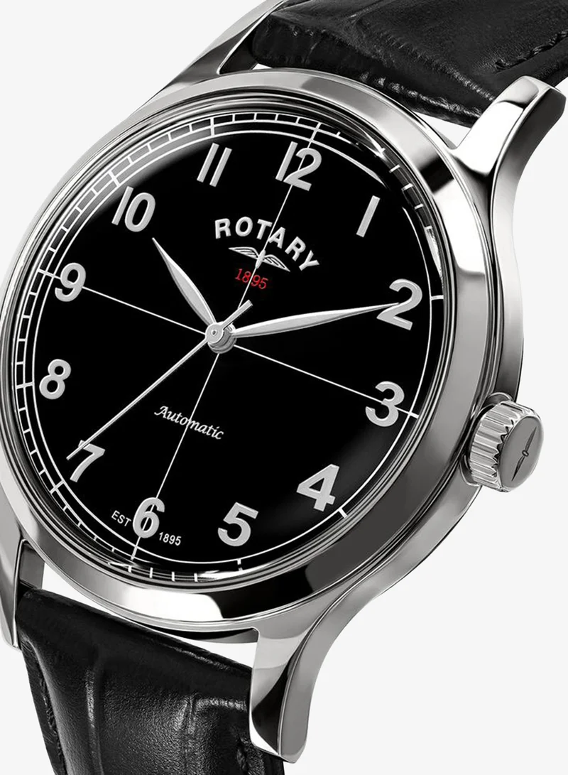 Rotary Men's 1895 Automatic Watch, 40 mm, Black Dial, Black Leather Strap