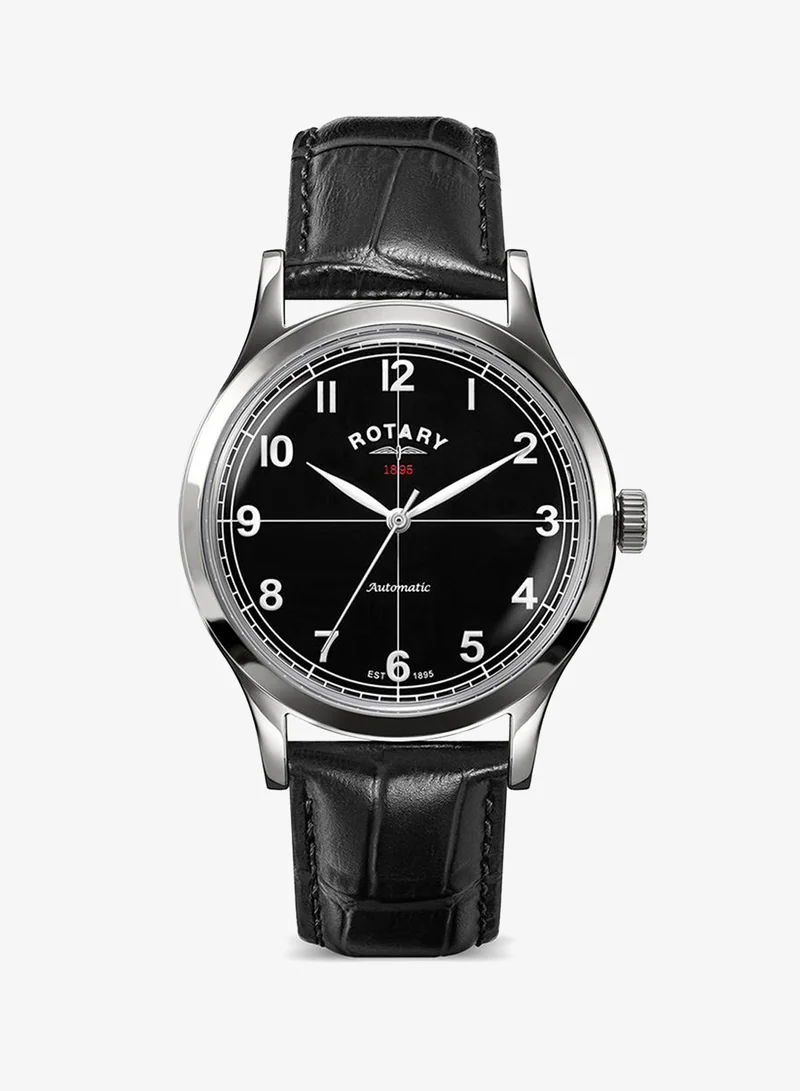 Rotary Men's 1895 Automatic Watch, 40 mm, Black Dial, Black Leather Strap