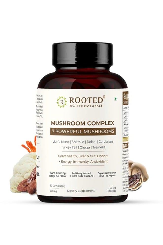 Rooted Active's 7-in-1 Mushroom Complex, Lion's Mane, Reishi, Cordyceps & more, Promotes overall wellbeing, full body detox, increase focus, mental clarity, gut health (60 Caps) - Image 1