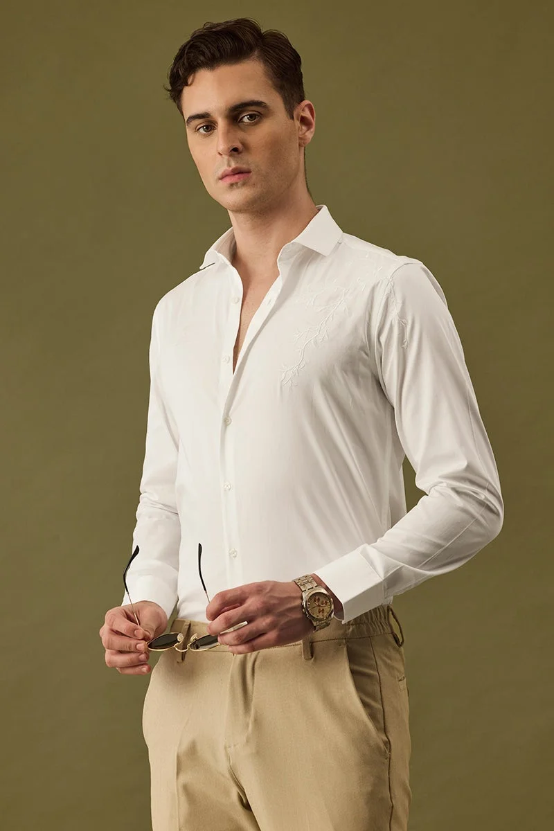 سنيتش White Embroidered Long Sleeve Slim Fit Formal Shirt
