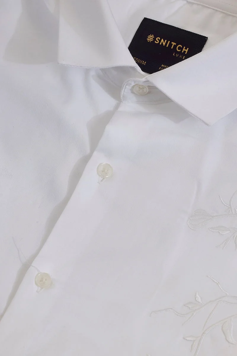 سنيتش White Embroidered Long Sleeve Slim Fit Formal Shirt