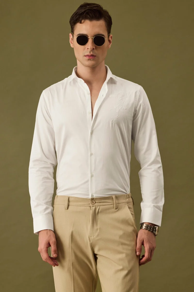 SNITCH White Embroidered Long Sleeve Slim Fit Formal Shirt