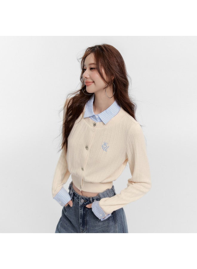 EPTISON False Two-Piece Knitted Sweater Women'S Autumn Retro Academic Style Color-Block Shirt Collar Short Waist-Tucking Top - Image 3