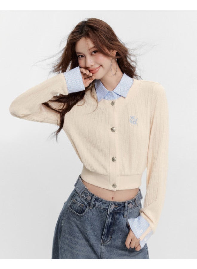 EPTISON False Two-Piece Knitted Sweater Women'S Autumn Retro Academic Style Color-Block Shirt Collar Short Waist-Tucking Top - Image 1