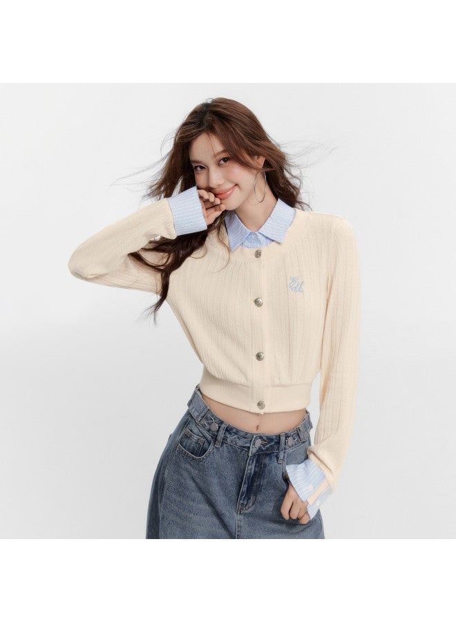EPTISON False Two-Piece Knitted Sweater Women'S Autumn Retro Academic Style Color-Block Shirt Collar Short Waist-Tucking Top - Image 2