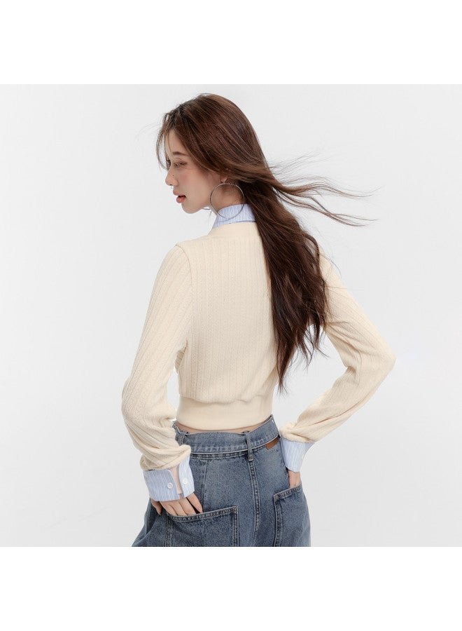 EPTISON False Two-Piece Knitted Sweater Women'S Autumn Retro Academic Style Color-Block Shirt Collar Short Waist-Tucking Top - Image 5