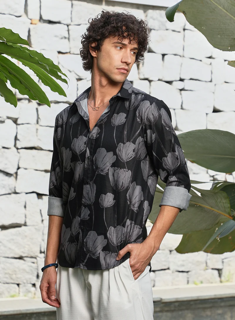 Campus Sutra Men's Onyx Black & Chocolate Brown Withered-Flora Shirt
