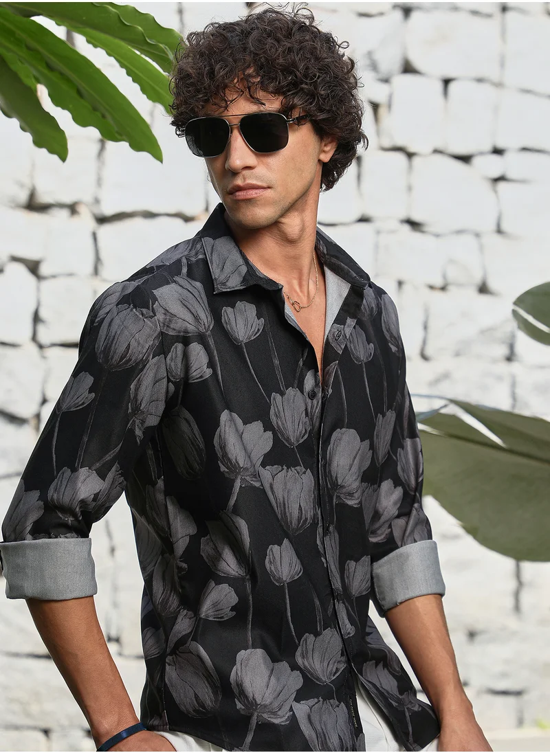 Campus Sutra Men's Onyx Black & Chocolate Brown Withered-Flora Shirt