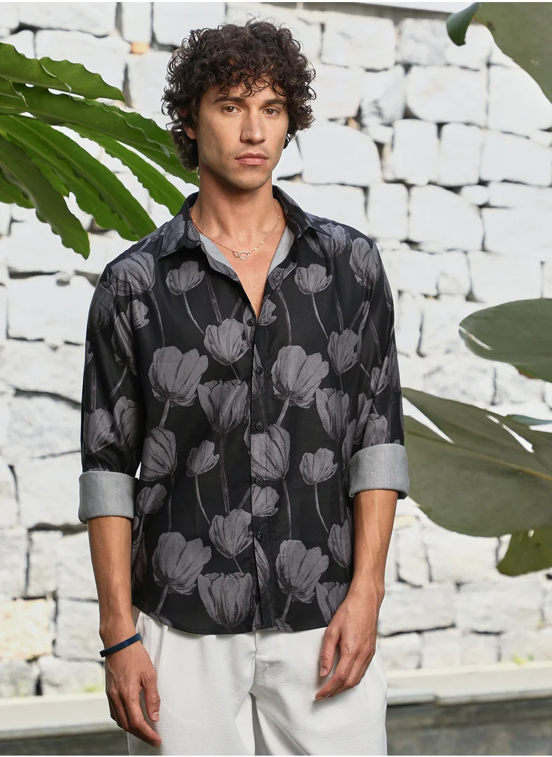Campus Sutra Men's Onyx Black & Chocolate Brown Withered-Flora Shirt