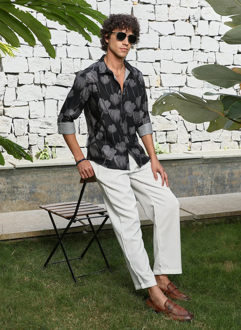 Campus Sutra Men's Onyx Black & Chocolate Brown Withered-Flora Shirt