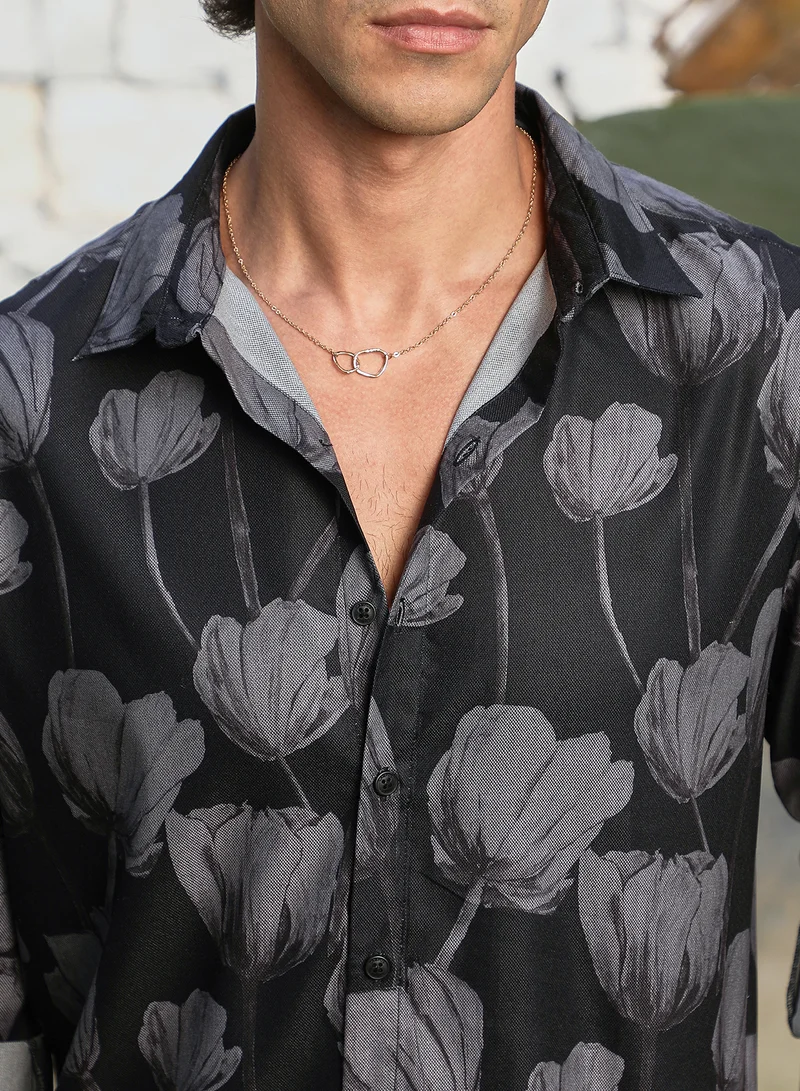 Campus Sutra Men's Onyx Black & Chocolate Brown Withered-Flora Shirt