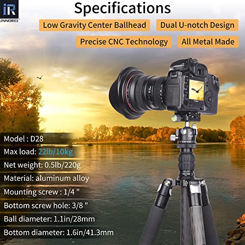 INNOREL D28 28mm Low Profile Tripod Ball Head Professional All Metal CNC 360° Panoramic Camera Tripod Head for Monopod,DSLR Cameras,Camcorder,DV with 1/4" Arca Swiss Quick Release Plate Load 22lb/10kg - Image 2