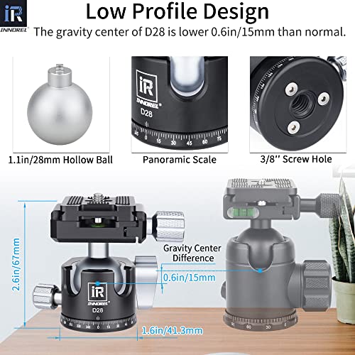 INNOREL D28 28mm Low Profile Tripod Ball Head Professional All Metal CNC 360° Panoramic Camera Tripod Head for Monopod,DSLR Cameras,Camcorder,DV with 1/4" Arca Swiss Quick Release Plate Load 22lb/10kg - Image 3