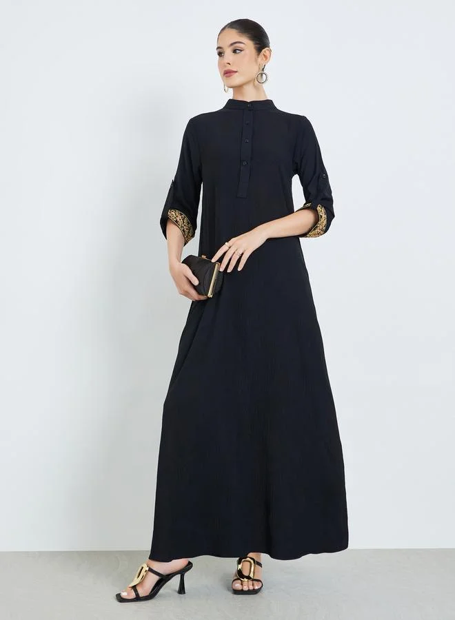 Amirah Black Stand Collar Jalabiya with Embroidered Sleeves