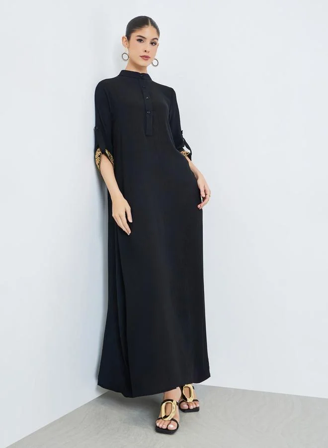Amirah Black Stand Collar Jalabiya with Embroidered Sleeves