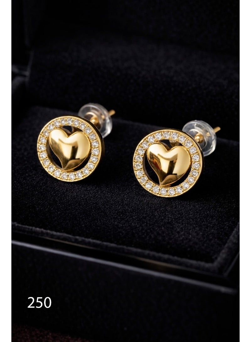 3Diamonds Gold Plated Heart Stud Earrings with Cubic Zirconia Halo - Image 1