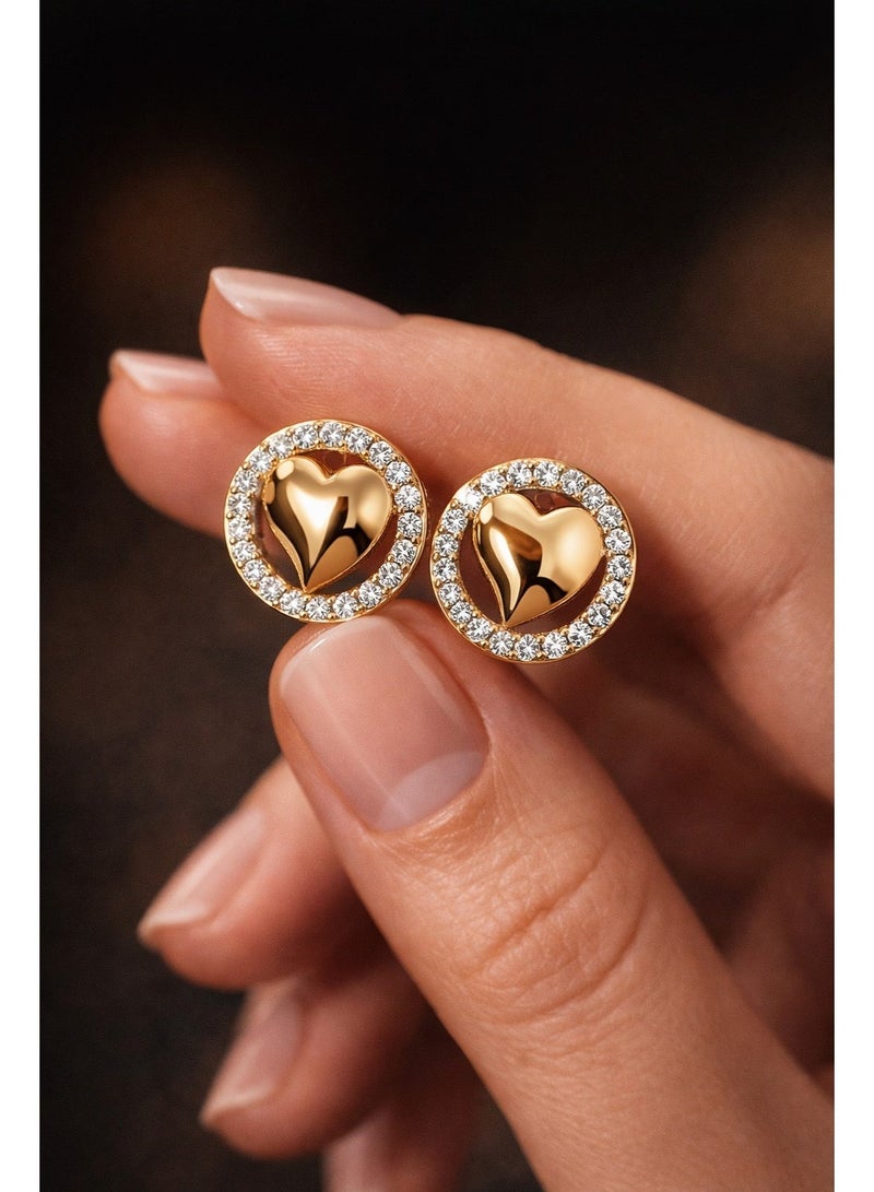 3Diamonds Gold Plated Heart Stud Earrings with Cubic Zirconia Halo - Image 2
