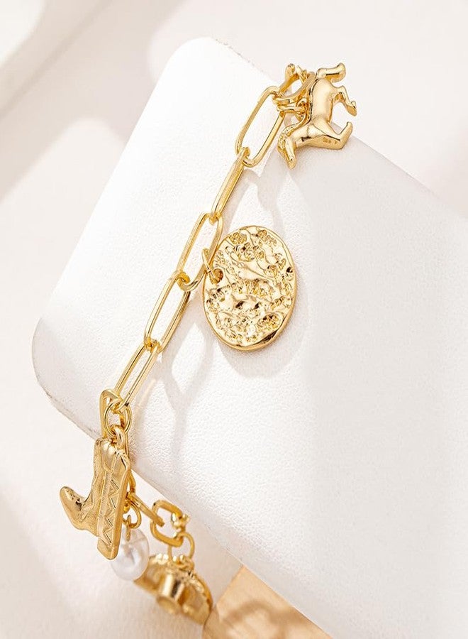 DATOA Western Dainty Gold Bracelets Boho Coin Pendant Chain Bracelet Punk Cowgirl Boot Horse Bracelet Handmade Adjustable Charm Jewelry for Women - Gold - Image 4