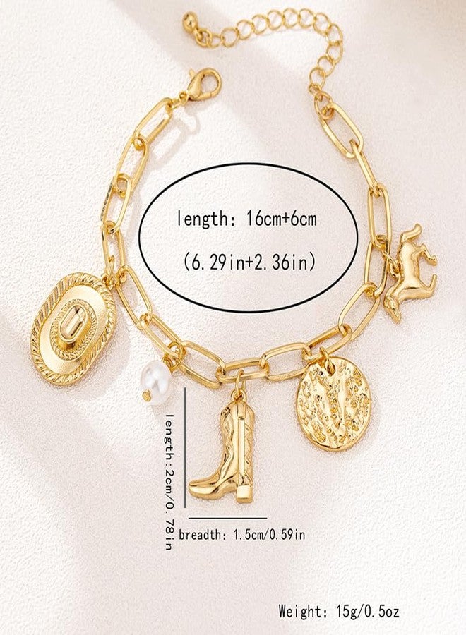 DATOA Western Dainty Gold Bracelets Boho Coin Pendant Chain Bracelet Punk Cowgirl Boot Horse Bracelet Handmade Adjustable Charm Jewelry for Women - Gold - Image 5