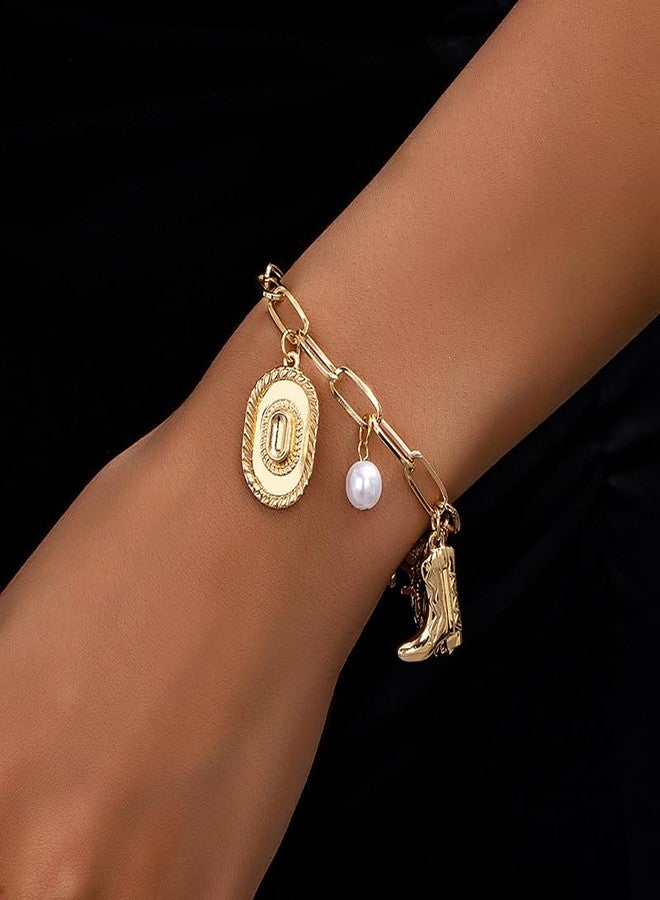 DATOA Western Dainty Gold Bracelets Boho Coin Pendant Chain Bracelet Punk Cowgirl Boot Horse Bracelet Handmade Adjustable Charm Jewelry for Women - Gold - Image 2