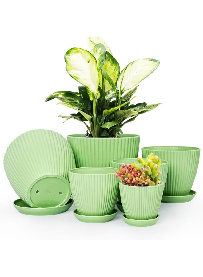 Relex Pack of 6 Flower Pots, Planters Pot with Saucers and Drainage, Decorative Plant Pots for Indoor and Outdoor Use (Light Green) - Image 1
