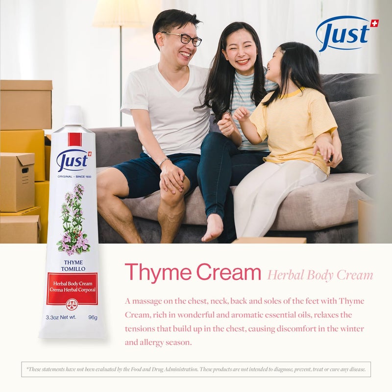 SwissJust Thyme Cream, Thyme Tomillo 96g. Massage Cream with Camphor Oil, Lemon Eucalyptus Chamomile Essential, Rosemary, Soybean, and Pine Essential Oils. - Image 3