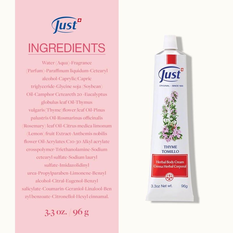 SwissJust Thyme Cream, Thyme Tomillo 96g. Massage Cream with Camphor Oil, Lemon Eucalyptus Chamomile Essential, Rosemary, Soybean, and Pine Essential Oils. - Image 2