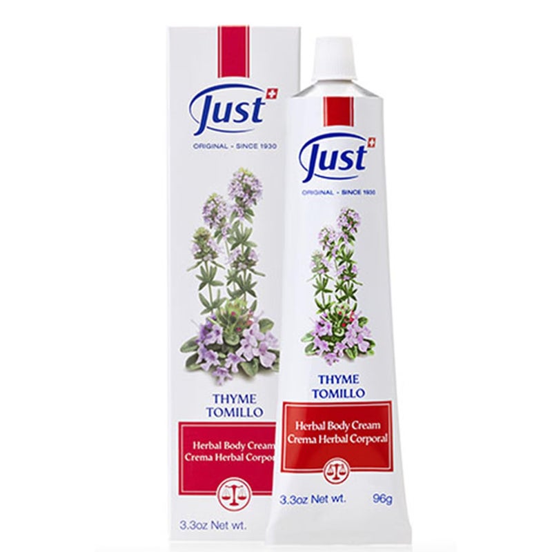 SwissJust Thyme Cream, Thyme Tomillo 96g. Massage Cream with Camphor Oil, Lemon Eucalyptus Chamomile Essential, Rosemary, Soybean, and Pine Essential Oils. - Image 1