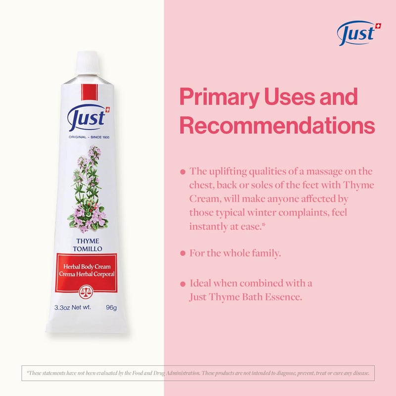 SwissJust Thyme Cream, Thyme Tomillo 96g. Massage Cream with Camphor Oil, Lemon Eucalyptus Chamomile Essential, Rosemary, Soybean, and Pine Essential Oils. - Image 4