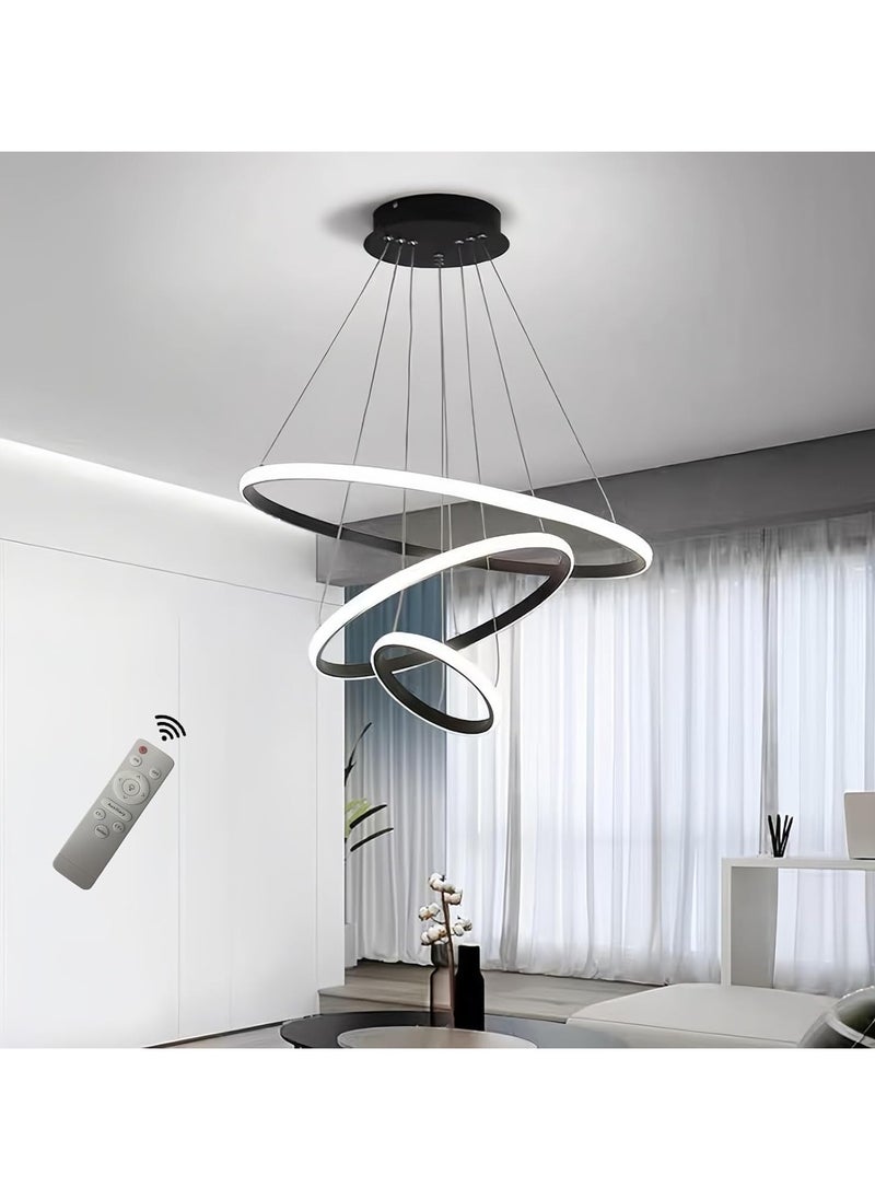 RATSAW Modern LED Chandelier with Remote Control Dimmable Contemporary LED Chandelier 3 Rings Adjustable Hanging Chandelier Ceiling Pendant Light for Living Dining Room Foyer (Black)  - Image 1