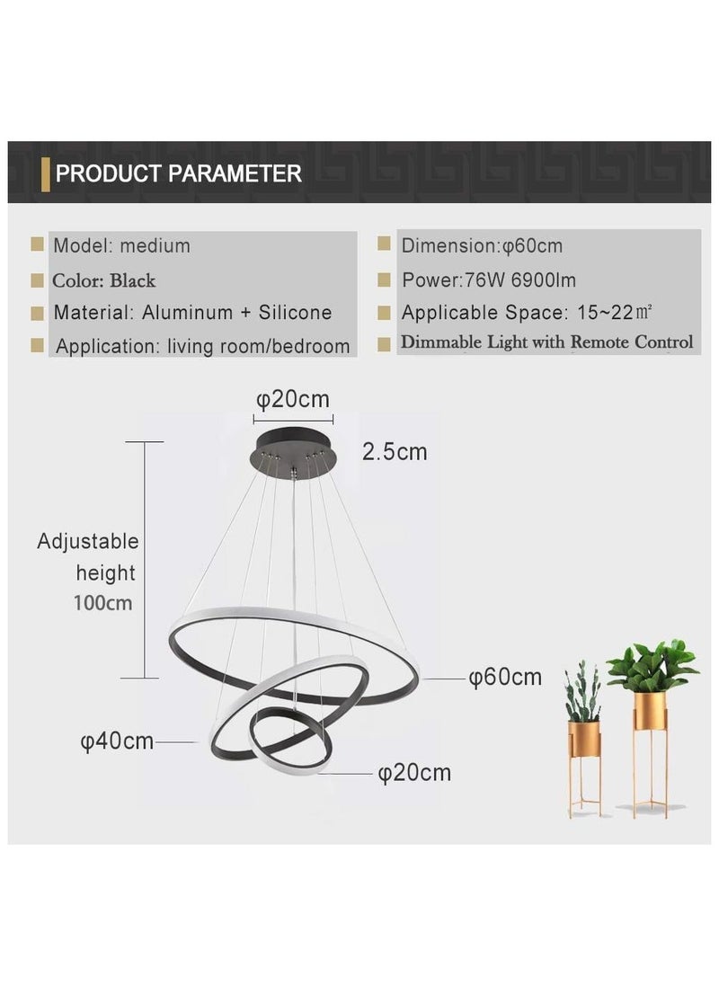RATSAW Modern LED Chandelier with Remote Control Dimmable Contemporary LED Chandelier 3 Rings Adjustable Hanging Chandelier Ceiling Pendant Light for Living Dining Room Foyer (Black)  - Image 3